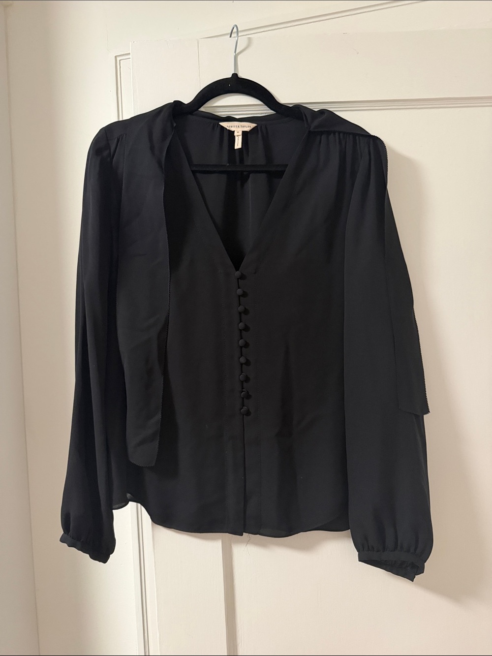 Rebecca Taylor Black V-Neck Tie-Neck Button Blouse